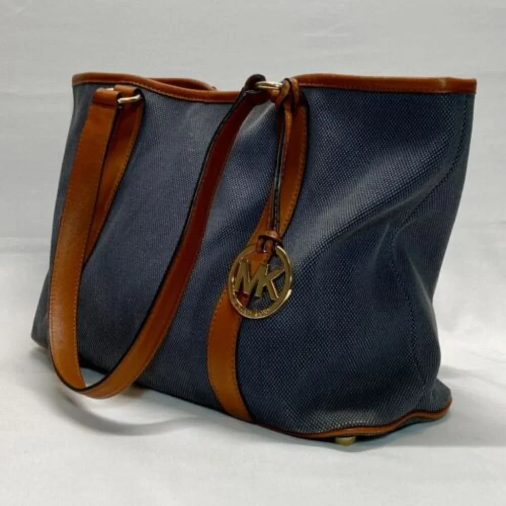 Michael Kors Canvas with Leather Trim Oversized Tote Denim & Brown Rare GUC - Picture 2 of 15